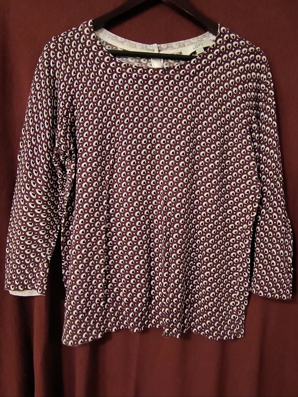 LOFT Women’s Large Burgundy Printed 3/4 Sleeve Lightweight Knit Top 100% Cotton